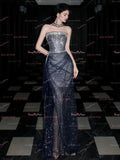 Sparkle Sheath Column Navy Tulle Prom Dress