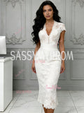 V Neck Sheath Column Tea Length Lace Cap Sleeve Wedding Dress