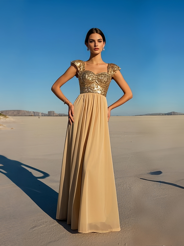 V Neck Cap Sleeve Gold Sequin Chiffon Prom Dress