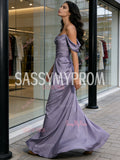 Satin Trumpet Mermaid Ruched Purple Off The Shoulder Prom Dress