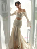 Off The Shoulder Two Piece Long Sleeve Satin Wedding Dress