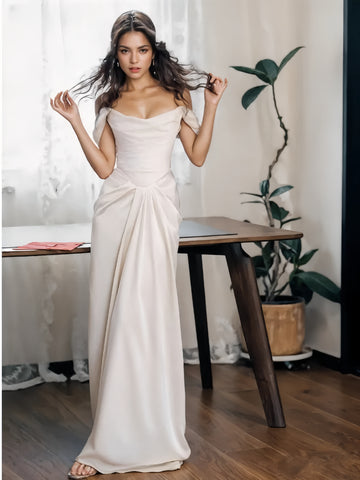 A Line Ruched Satin Off The Shoulder Wedding Dress