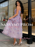 Spaghetti Straps Sheath Column Purple Flower Prom Dress