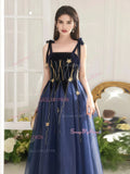 Square Velvet Tulle Blue Tie Shoulder Beading Prom Dress