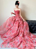 Print Pink Ruffles Layers Chiffon Prom Dress