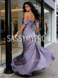 Satin Trumpet Mermaid Ruched Purple Off The Shoulder Prom Dress