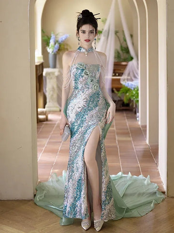 Flowers Trumpet Mermaid Green High Neck Sequin Prom Dress With Slit