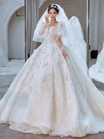 a line poofy wedding dress HAPPY Long Puffy Sleeve illusion plunge v-neck A-line Lace Organza Wedding Dress