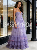 Spaghetti Straps Tulle Sparkle Purple A Line Prom Dress