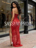 Beading Sequin Sheath Column Red Sweetheart Prom Dress With Slit
