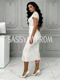 V Neck Sheath Column Tea Length Lace Cap Sleeve Wedding Dress