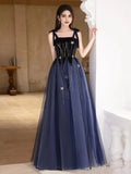 Square Velvet Tulle Blue Tie Shoulder Beading Prom Dress