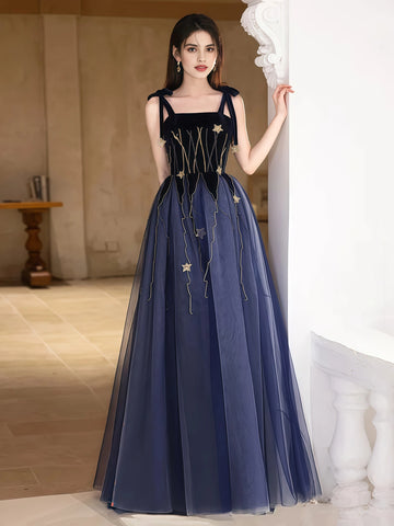 Square Velvet Tulle Blue Tie Shoulder Beading Prom Dress