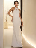 Sheath Column Backless Halter Pearls Satin Wedding Dress