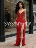 Beading Sequin Sheath Column Red Sweetheart Prom Dress With Slit