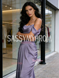Satin Trumpet Mermaid Ruched Purple Off The Shoulder Prom Dress