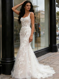 Trumpet Mermaid Tulle Appliques Straps Square Wedding Dress