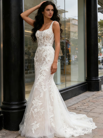 Trumpet Mermaid Tulle Appliques Straps Square Wedding Dress