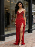 Beading Sequin Sheath Column Red Sweetheart Prom Dress With Slit