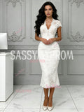 V Neck Sheath Column Tea Length Lace Cap Sleeve Wedding Dress