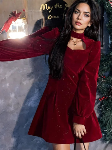 Puff Sleeves Glitter Red Velvet Mini Dress