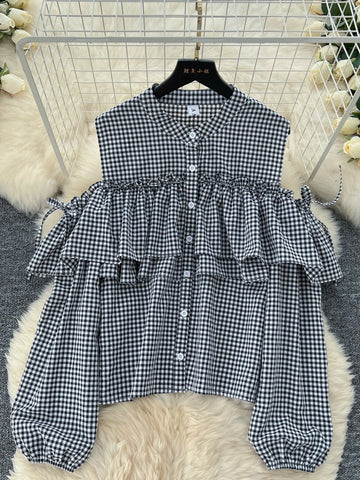 Unique Ruffle Long Sleeve Checkered Shirt