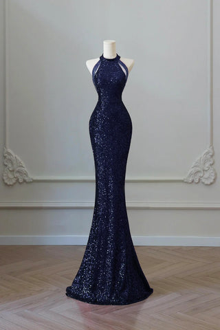 High Neck Sequin Trumpet Mermaid Navy Blue Prom Dress