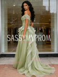 Green Off The Shoulder Tulle A Line Ruffles Prom Dress