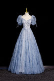 Beads Sweetheart A Line Blue Tulle Puffy Sleeves Prom Dress