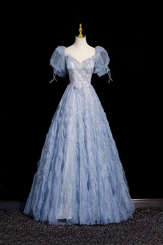 Beads Sweetheart A Line Blue Tulle Puffy Sleeves Prom Dress