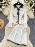 Pleated Skirt Bow White Black Knit Set