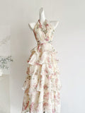 Holiday Printed Halter Chiffon V-neck Dress