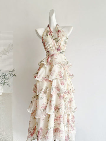 Holiday Printed Halter Chiffon V-neck Dress