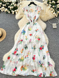 White Adorned Colorful Floral Patterns Dress