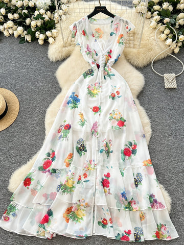 White Adorned Colorful Floral Patterns Dress