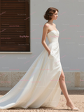 Satin A Line Pockets Ruched Sweetheart Wedding Dress With Slit