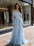 Off The Shoulder Long Sleeve Blue Lace Wedding Dress