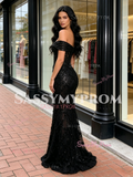 Off The Shoulder Black Beading Ruffles Mermaid Prom Dress
