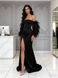 Feather Sleeves Sheath Column Black Strapless Satin Prom Dress WIth Slit