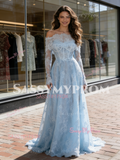 Off The Shoulder Long Sleeve Blue Lace Wedding Dress