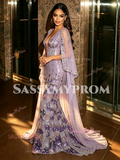 V Neck Cape Trumpet Mermaid Purple Colorful Beading Prom Dress