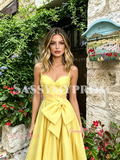 Spaghetti Straps Satin A Line Bow Yellow Ruched Prom Dress