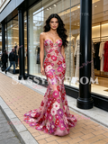 Fuchisa Sweetheart Trumpet Mermaid Floral Tulle Prom Dress