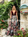 V Neck Velvet Print Tie Straps A Line Prom Dress