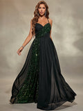 V Neck A Line Green Sequin Pleats Prom Dress