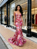 Fuchisa Sweetheart Trumpet Mermaid Floral Tulle Prom Dress