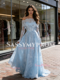 Off The Shoulder Long Sleeve Blue Lace Wedding Dress