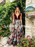 V Neck Velvet Print Tie Straps A Line Prom Dress