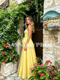 Spaghetti Straps Satin A Line Bow Yellow Ruched Prom Dress