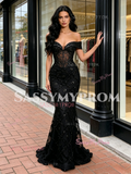 Off The Shoulder Black Beading Ruffles Mermaid Prom Dress
